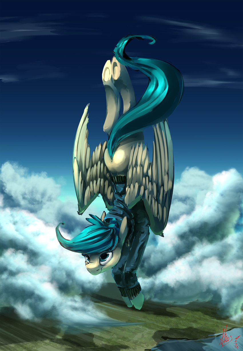 absurd_res alumx blue_eyes blue_hair clothing day detailed_background equine falling fan_character feathered_wings feathers feral flying fur hair hi_res hooves mammal my_little_pony outside pegasus sky smile white_feathers white_fur wings