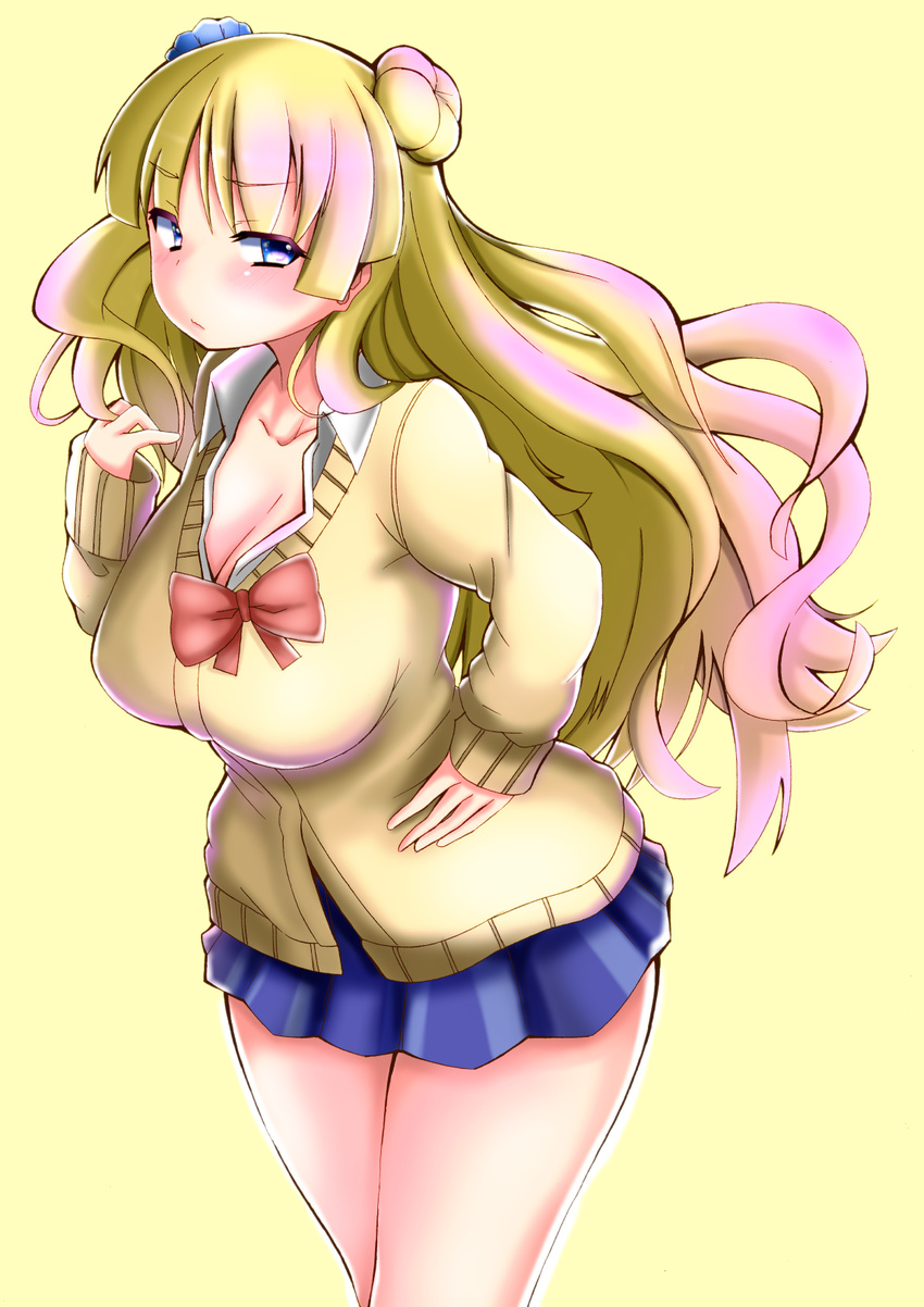 asymmetrical_hair blonde_hair blue_eyes blue_skirt blush bow breasts cardigan cleavage commentary_request cowboy_shot from_side galko gyaru hair_ornament hair_scrunchie hand_on_hip highres kogal large_breasts long_hair long_sleeves looking_at_viewer miniskirt one_side_up oshiete!_galko-chan pleated_skirt red_bow school_uniform scrunchie shishi_juuroku side_bun skirt solo