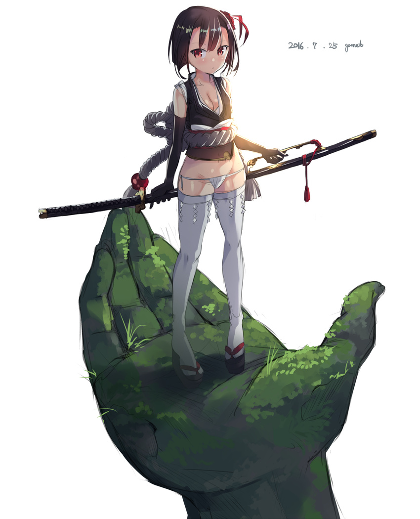 black_hair dated elbow_gloves garnet gloves highres in_palm looking_at_viewer original red_eyes short_hair sword thighhighs weapon