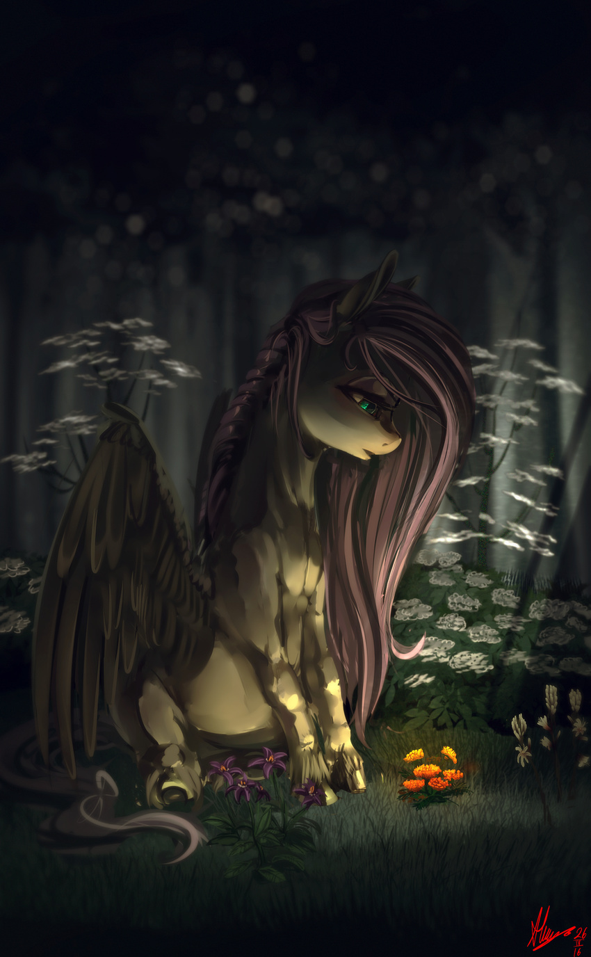 absurd_res alumx equine eyelashes feathered_wings feathers female feral flower fluttershy_(mlp) forest friendship_is_magic grass green_eyes hair hi_res long_hair mammal my_little_pony outside pegasus pink_hair plant signature sitting solo tree wings yellow_feathers