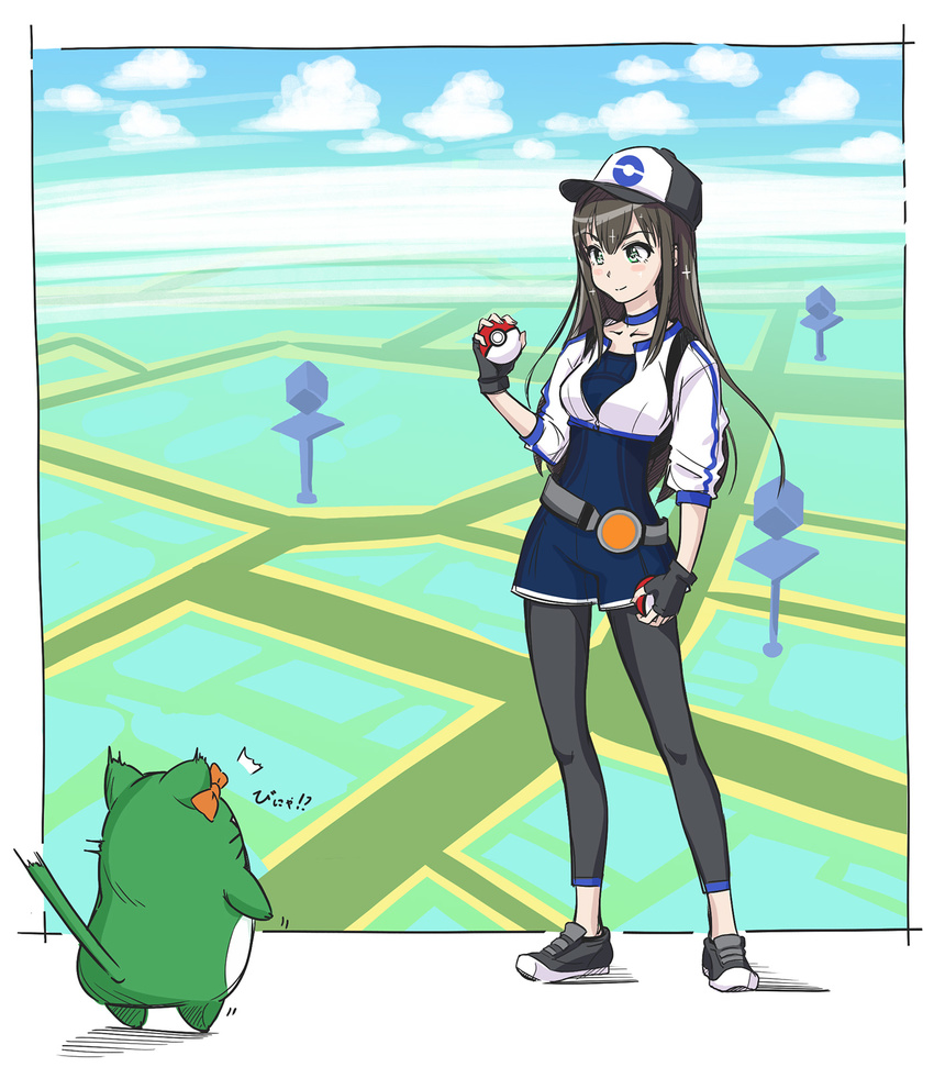 baseball_cap brown_hair cosplay female_protagonist_(pokemon_go) female_protagonist_(pokemon_go)_(cosplay) green_eyes hat highres holding holding_poke_ball idolmaster idolmaster_cinderella_girls leggings long_hair map parody pina_korata poke_ball pokemon pokemon_go shibuya_rin smile solo takahashi_ren