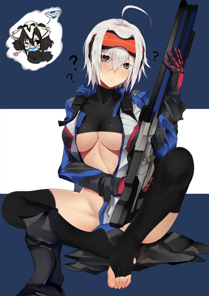 ? ahoge bangs bba1985 black_legwear black_shirt blush boot_removed bottomless breasts buckle chibi chibi_inset cropped_jacket full_body genderswap genderswap_(mtf) goggles goggles_on_head gun hair_between_eyes heart highres holding holding_gun holding_weapon jacket large_breasts long_sleeves looking_at_viewer mole mole_under_eye no_shoes object_on_head open_clothes open_jacket overwatch panties panties_on_head panty_mask pout reaper_(overwatch) rifle scar shirt short_hair sitting soldier:_76_(overwatch) striped striped_panties thighhighs toeless_legwear underboob undershirt underwear visor weapon white_hair yellow_eyes