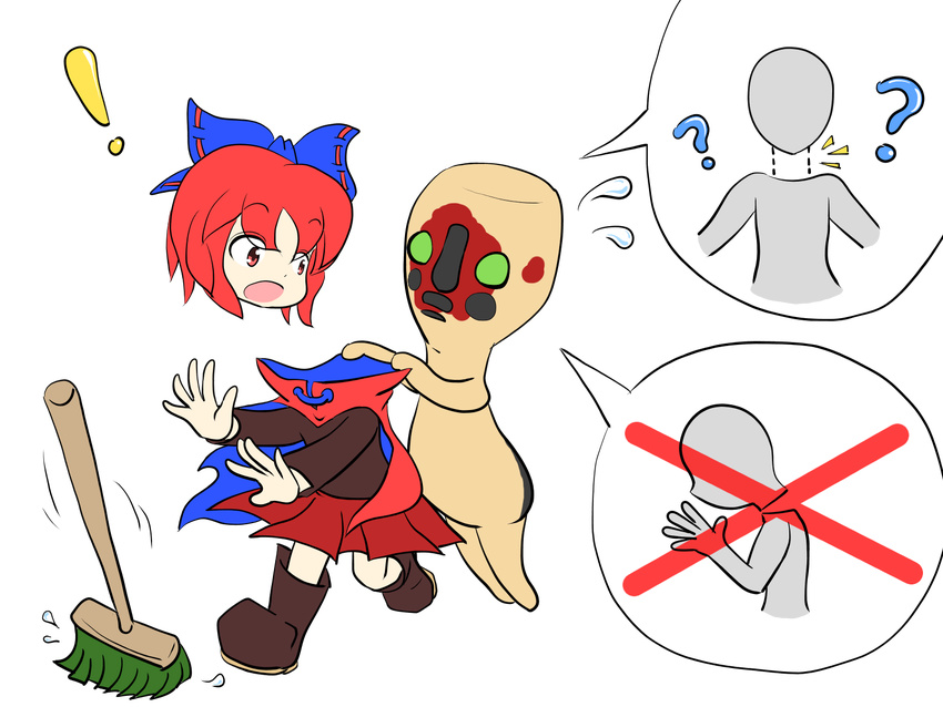 ? bow broom cape crossover disembodied_head flying_sweatdrops hair_bow highres red_cape red_eyes red_hair scp-173 scp_foundation sekibanki soukai surprised touhou