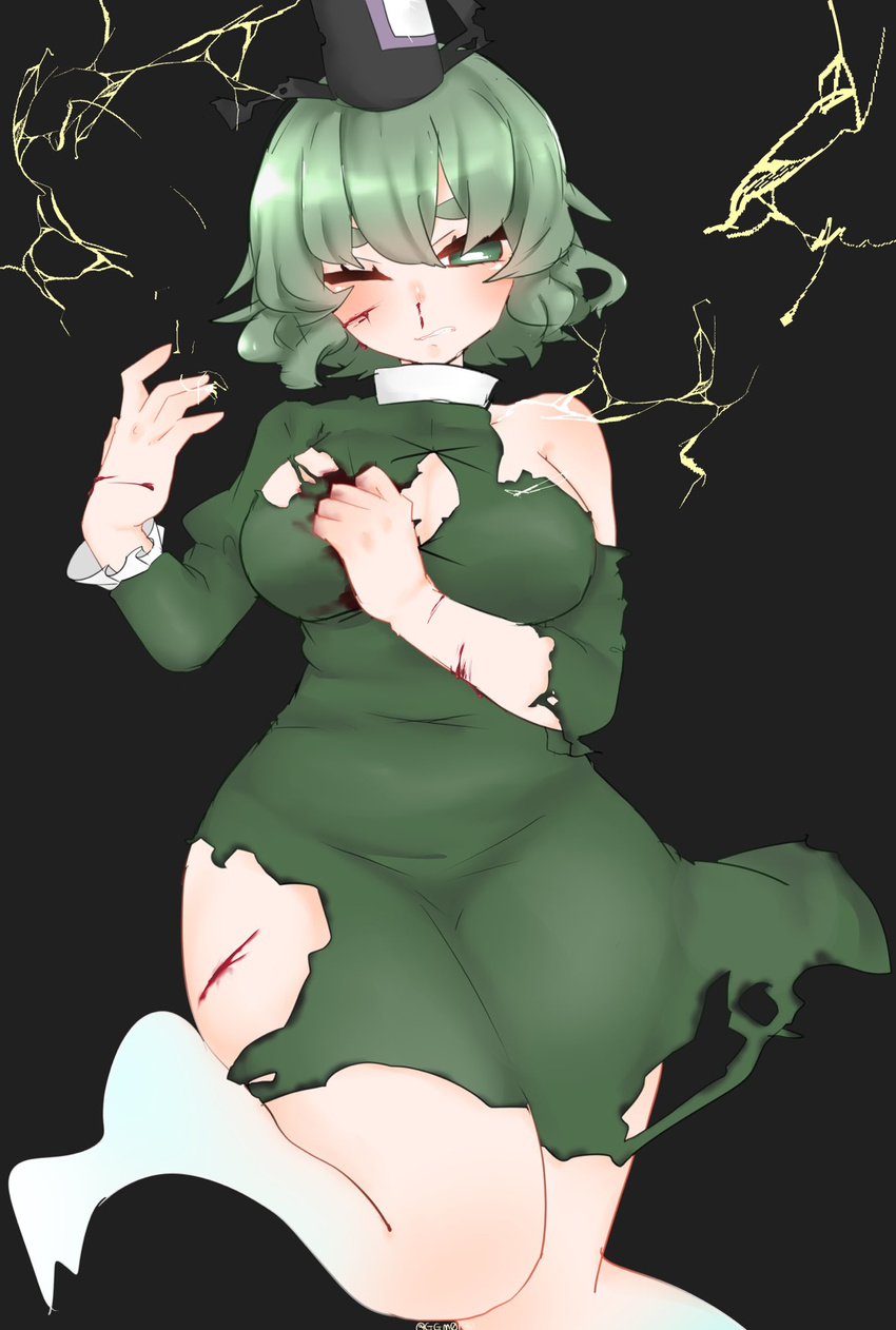 bad_id bad_twitter_id bangs belly black_background blood bloody_nose breasts cleavage commentary_request curvy cuts defeat dress electricity eyebrows facial_scar ghost_tail gishiko_(kog_0130) green_dress green_eyes green_hair hair_between_eyes hand_up hat highres injury leg_up legs long_sleeves medium_breasts one_eye_closed puffy_long_sleeves puffy_sleeves scar scar_on_cheek shiny shiny_hair signature simple_background soga_no_tojiko solo tate_eboshi taut_clothes taut_dress thick_eyebrows thick_thighs thighs torn_clothes torn_sleeves touhou turtleneck twitter_username wide_hips