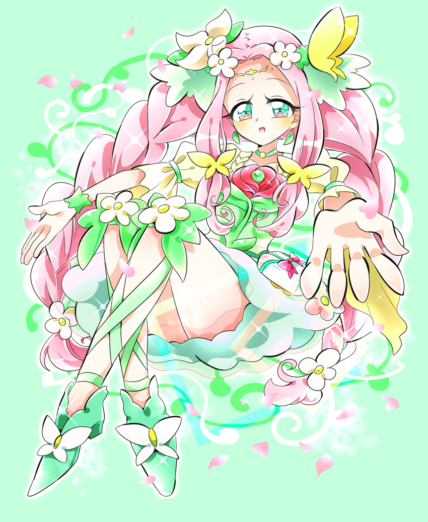 braid cure_felice flower flower_in_eye full_body green_background green_eyes green_footwear green_ribbon hair_flower hair_ornament hanami_kotoha highres kyapinetzu leg_ribbon long_hair looking_at_viewer magical_girl mahou_girls_precure! multicolored multicolored_eyes outstretched_arms pink_eyes pink_hair precure ribbon shoes skirt smile solo spread_arms symbol_in_eye twin_braids