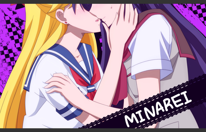 aino_minako bishoujo_senshi_sailor_moon blonde_hair blue_sailor_collar head_out_of_frame hino_rei imminent_kiss kumax5 letterboxed long_hair multiple_girls purple_background purple_hair sailor_collar school_uniform serafuku shiba_koen_middle_school_uniform short_sleeves ta_girls_school_uniform yuri