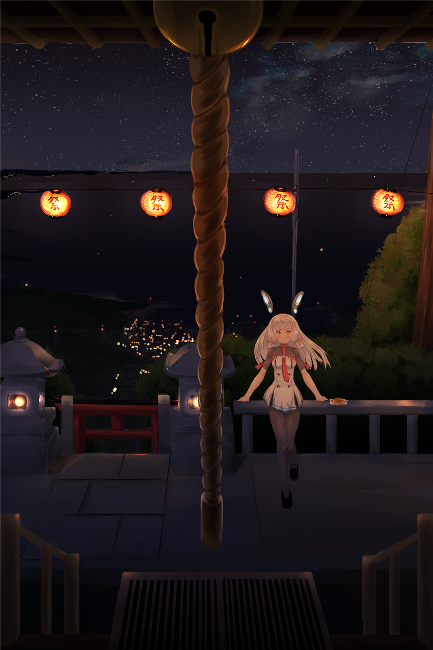 bell box donation_box dress headgear highres horizon ichikawa_feesu jingle_bell kantai_collection landscape lantern long_hair murakumo_(kantai_collection) night night_sky pantyhose pov power_lines railing remodel_(kantai_collection) rope silver_hair sky solo star_(sky) starry_sky stone_lantern