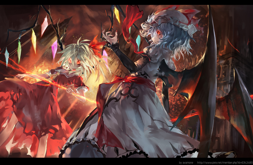 alternate_costume azomo bat_wings blonde_hair bright_pupils crystal fangs fingernails fire flandre_scarlet hair_between_eyes hand_up hat hat_ribbon highres koumajou_densetsu md5_mismatch mob_cap multiple_girls nail_polish puffy_short_sleeves puffy_sleeves red_eyes red_nails remilia_scarlet ribbon short_hair short_sleeves side_ponytail smile smoke standing touhou white_hat wings