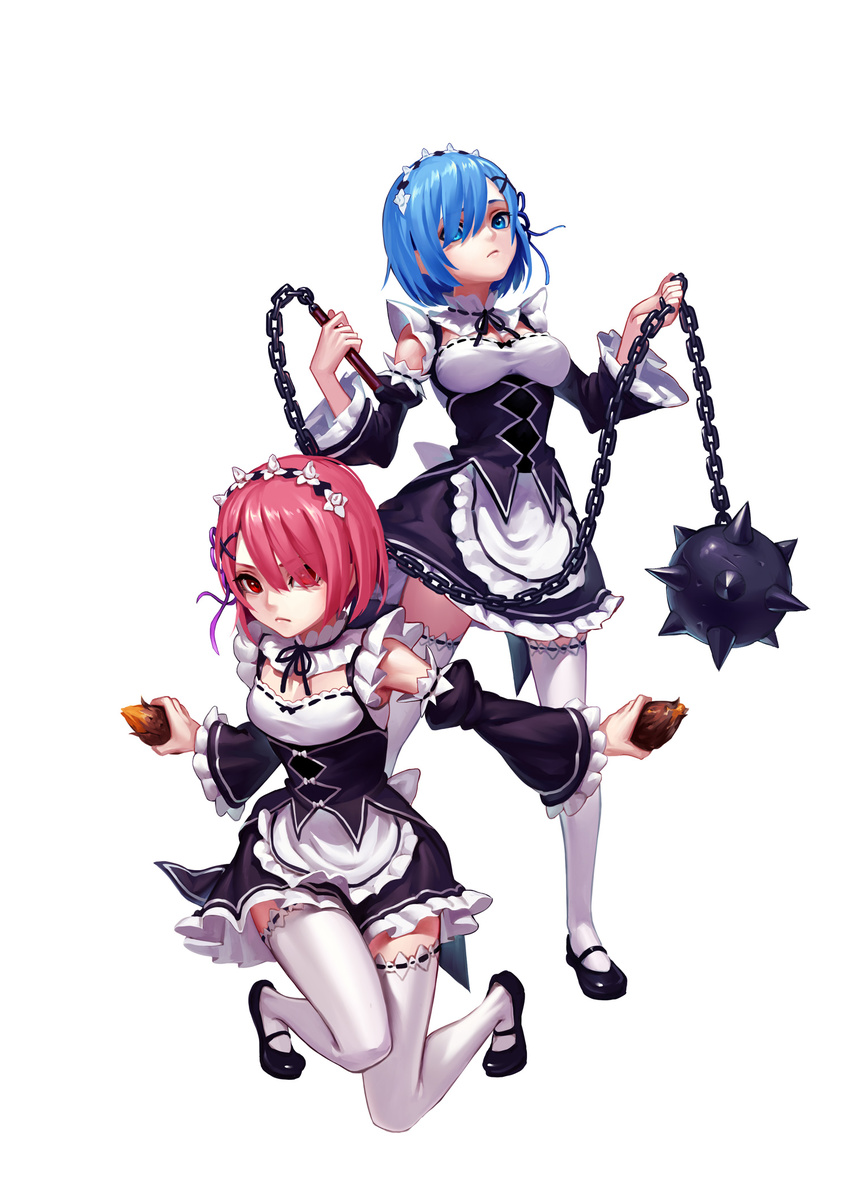 &gt;:( apron arm_garter ball_and_chain bangs black_bow black_footwear black_ribbon blue_eyes blue_hair blue_ribbon bow breasts cleavage closed_mouth detached_sleeves dress dual_wielding eyes_visible_through_hair fkey food frills frown full_body garters hair_ornament hair_over_one_eye hair_ribbon hairband highres holding holding_food holding_weapon legs_apart looking_at_viewer maid mary_janes medium_breasts multiple_girls neck_ribbon one_knee outstretched_arms pink_hair purple_ribbon ram_(re:zero) re:zero_kara_hajimeru_isekai_seikatsu red_eyes rem_(re:zero) ribbon ribbon-trimmed_clothes ribbon-trimmed_sleeves ribbon_trim shoes short_hair siblings simple_background sisters small_breasts spikes standing sweet_potato swept_bangs thighhighs twins underbust v-shaped_eyebrows waist_apron weapon white_apron white_background white_bow white_legwear wide_sleeves x_hair_ornament