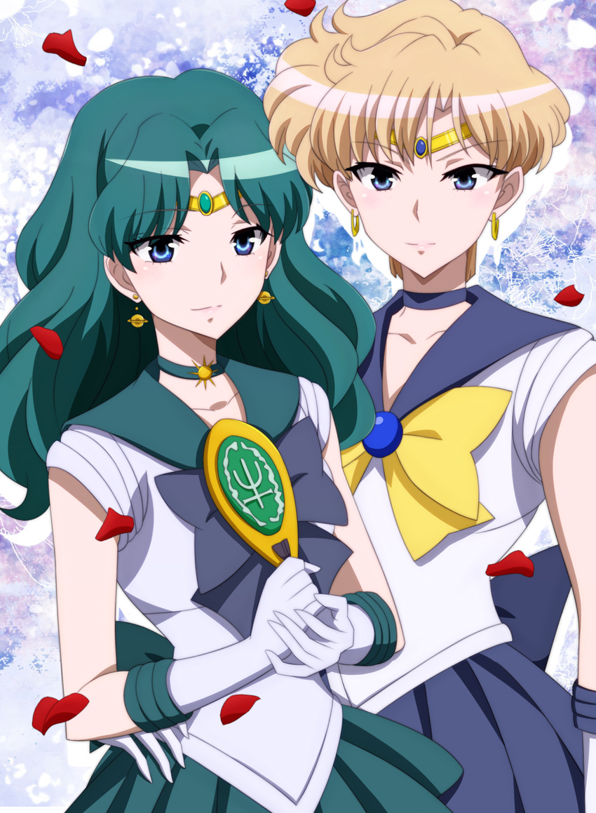 bishoujo_senshi_sailor_moon blonde_hair blue_choker blue_eyes blue_sailor_collar bow choker circlet collarbone couple deep_aqua_mirror earrings gloves green_hair highres jewelry kaiou_michiru kumax5 long_hair looking_at_viewer magical_girl mirror multiple_girls outer_senshi petals rose_petals sailor_collar sailor_neptune sailor_senshi sailor_senshi_uniform sailor_uranus short_hair skirt smile ten'ou_haruka tiara very_short_hair white_gloves yuri