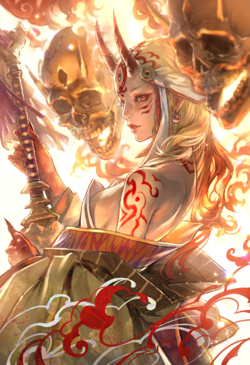 arm_tattoo blonde_hair blurry breasts commentary_request curly_hair depth_of_field earrings eyelashes eyeshadow facial_mark facial_tattoo fate/grand_order fate_(series) fingernails fire floral_print from_side highres holding holding_weapon ibaraki_douji_(fate/grand_order) japanese_clothes jewelry kaburagi_yasutaka kimono light_particles lips long_fingernails long_hair looking_at_viewer looking_to_the_side makeup medium_breasts off_shoulder older oni oni_horns open_mouth orange_eyes parted_lips revealing_clothes sharp_fingernails shoulder_blades sideboob skull slit_pupils tattoo weapon yellow_kimono