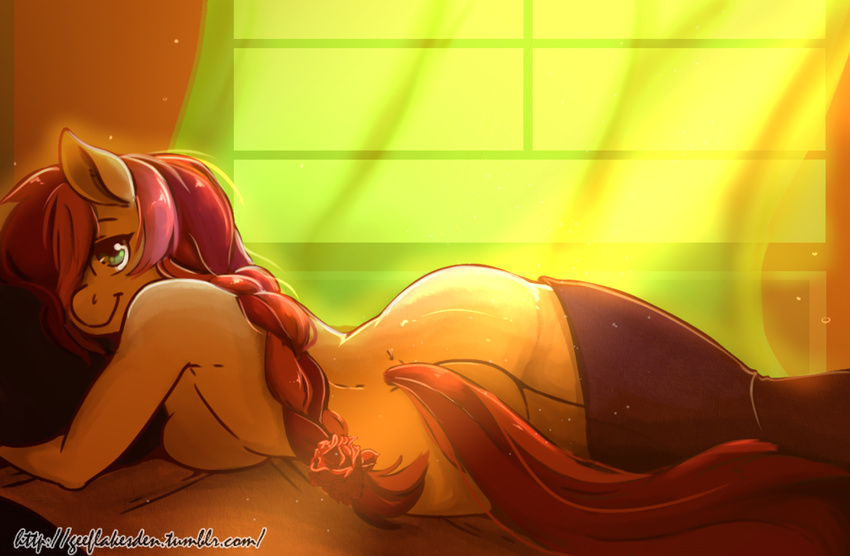2016 alternate_hairstyle anthro anthrofied arnachy bed braided_hair breasts butt earth_pony equine female friendship_is_magic green_eyes hair hair_over_eye horse inside long_hair mammal my_little_pony on_bed pony red_hair rose_(mlp) side_boob smile solo