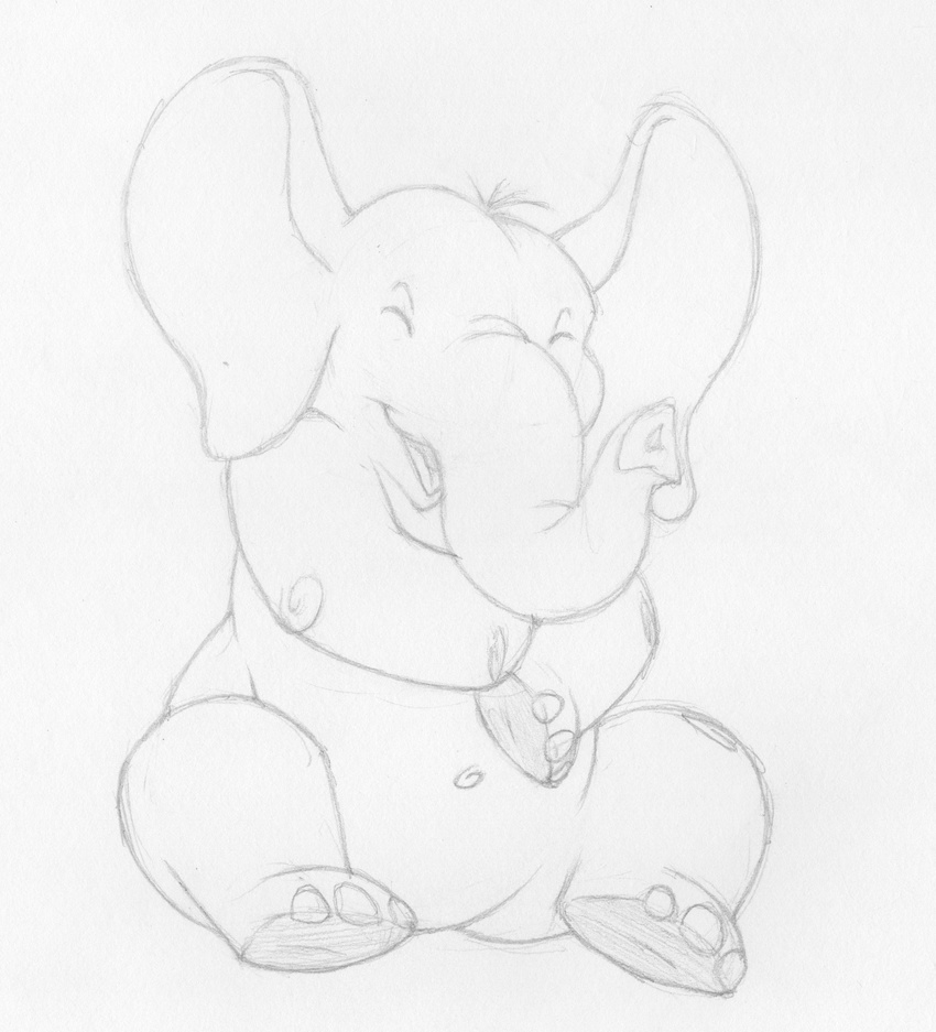 ambiguous_gender barefoot big_ears elephant eyes_closed featureless_crotch front_view greyscale line_art mammal mizzyam monochrome navel open_mouth pencil_(artwork) semi-anthro sitting smile solo traditional_media_(artwork)