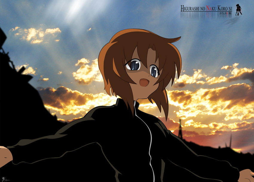 blue_eyes brown_hair cloud highres higurashi_no_naku_koro_ni non-web_source ryuuguu_rena sakai_kyuuta short_hair sky slit_pupils solo sunrise track_suit