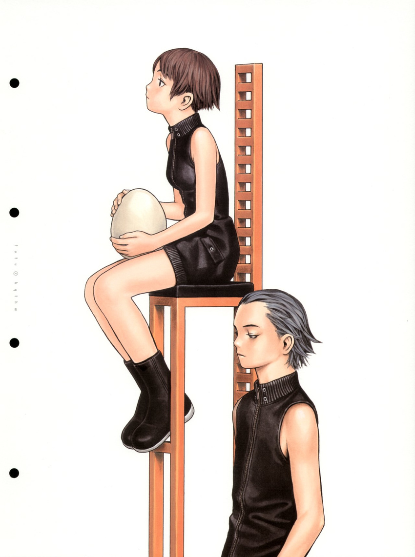 1girl arms_at_sides bangs bare_arms bare_shoulders black_footwear boots breasts brown_hair chair closed_mouth egg grey_eyes grey_hair hair_slicked_back half-closed_eyes highres holding murata_renji pocket profile short_hair simple_background sitting sleeveless sleeveless_turtleneck small_breasts turtleneck white_background zipper