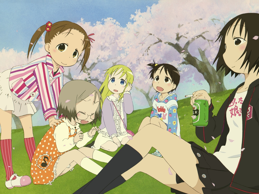 adjusting_hair alcohol ana_coppola artist_request bag beer bent_over black_eyes black_hair blonde_hair blue_eyes blush brown_hair can cherry_blossoms child cigarette closed_eyes day dress eighth_note grass handbag ichigo_mashimaro itou_chika itou_nobue kneehighs long_sleeves matsuoka_miu multiple_girls musical_note outdoors petals polka_dot sakuragi_matsuri short_dress short_hair short_twintails siblings side_ponytail silver_hair sisters sitting skirt smile socks striped striped_legwear tree twintails wallpaper wince