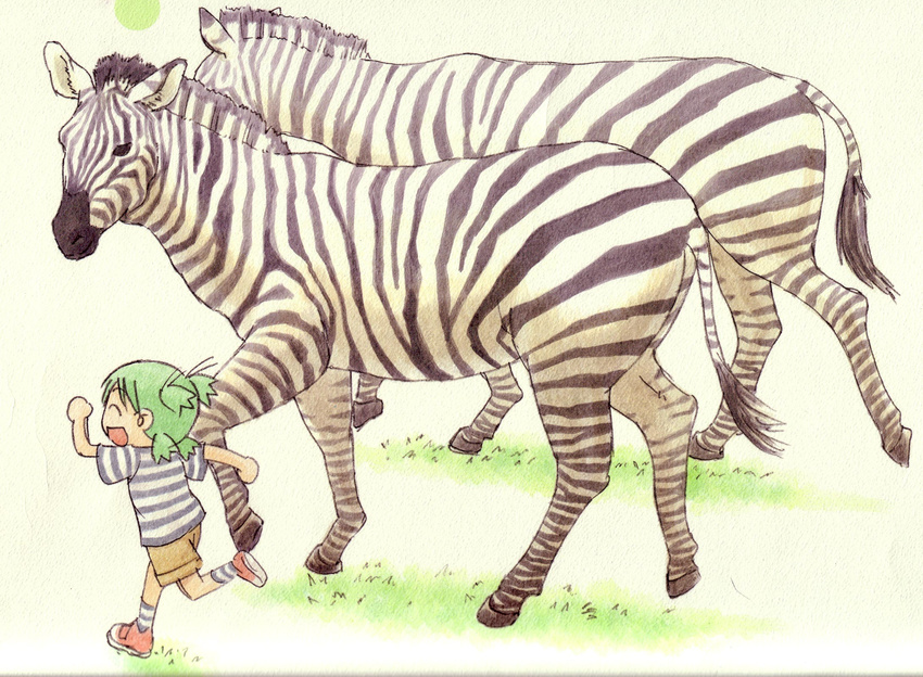 ^_^ animal azuma_kiyohiko bare_arms beige_background brown_shorts child clenched_hands closed_eyes green_hair happy highres koiwai_yotsuba profile quad_tails red_footwear running shirt shoes short_sleeves shorts simple_background striped striped_legwear striped_shirt t-shirt yotsubato! zebra
