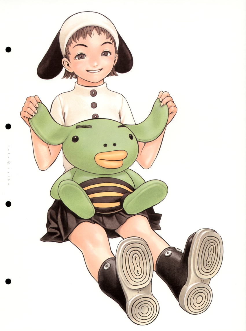 animal_hat boots brown_eyes brown_hair foreshortening full_body grin hat highres murata_renji rubber_boots scan shoe_soles short_hair sitting skirt smile solo stuffed_animal stuffed_toy