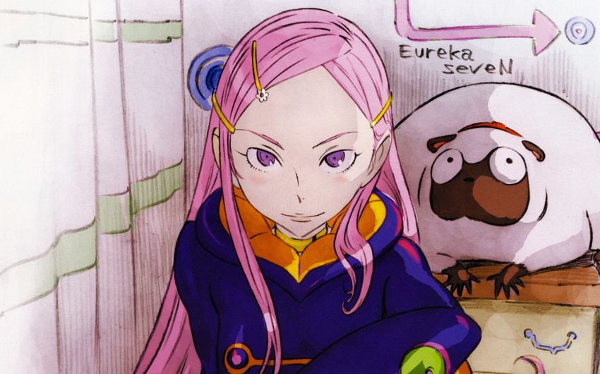 anemone_(eureka_seven) bodysuit collar duplicate eureka_seven eureka_seven_(series) gulliver hair_ornament hairclip highres long_hair pink_hair purple_eyes wallpaper yoshida_ken'ichi