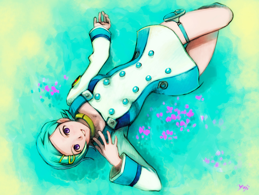 aqua_hair collar dress eureka eureka_seven eureka_seven_(series) from_above hair_ornament hairclip highres kobayashi_yuuji lying purple_eyes short_hair solo thigh_strap