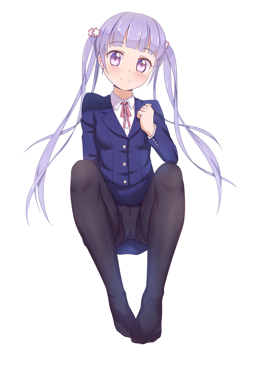 black_legwear breasts caibao highres long_hair looking_at_viewer new_game! panties panties_under_pantyhose pantyhose pantyshot purple_eyes purple_hair small_breasts smile solo suzukaze_aoba twintails underwear