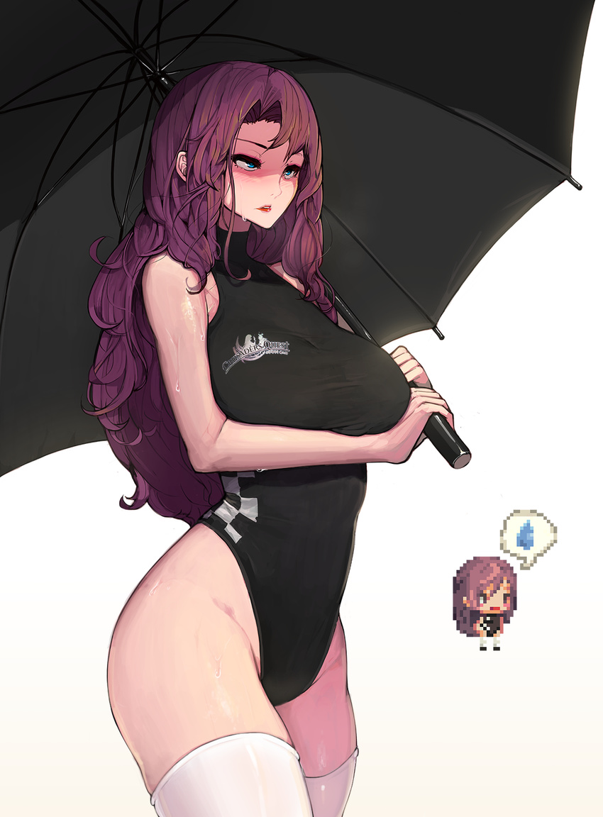 bare_shoulders blue_eyes blush breast_hold breasts brown_hair crusaders_quest happening18 highleg highleg_leotard highres hips large_breasts leotard lipstick long_hair makeup melissa_(crusaders_quest) parted_lips pixel_art pixelated race_queen shadow simple_background solo sweat taut_clothes taut_leotard thighhighs thighs umbrella white_background white_legwear