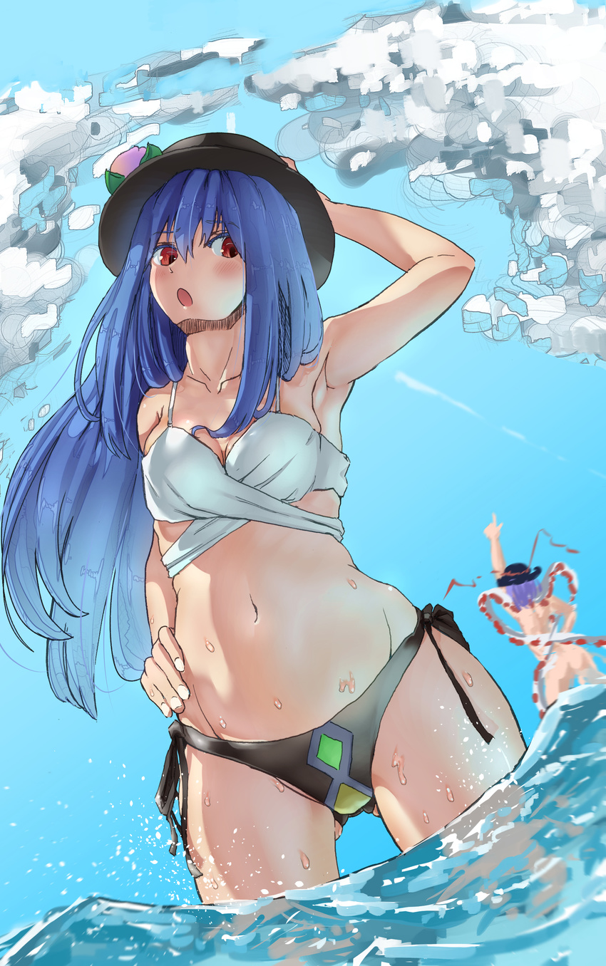 absurdres armpits ass ass_visible_through_thighs bad_id bad_pixiv_id bikini black_bikini blue_hair breasts cloud cloudy_sky cowboy_shot day food from_behind from_below fruit gunjin_(aguran) hair_between_eyes hand_on_headwear hat highres hinanawi_tenshi long_hair looking_back medium_breasts multiple_girls nagae_iku open_mouth peach red_eyes saturday_night_fever sketch sky swimsuit thighs touhou