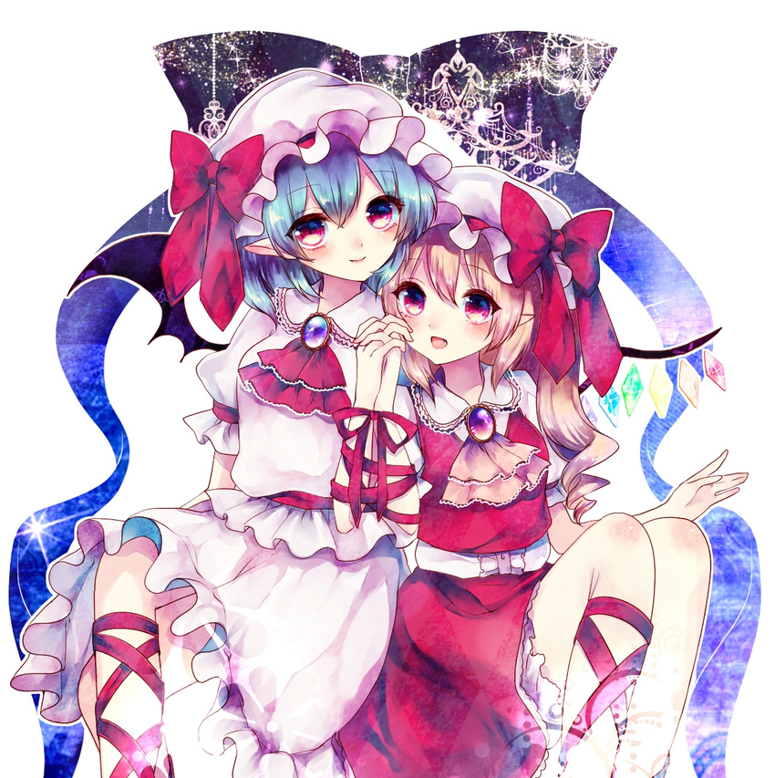 ascot bat_wings blonde_hair blue_hair blush bow brooch collaboration flandre_scarlet ginzuki_ringo hands_on_own_face hat hat_bow jewelry mob_cap multiple_girls open_mouth red_eyes remilia_scarlet shanghai_bisu siblings sisters steepled_fingers touhou wings