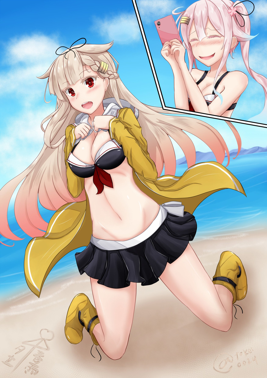 absurdres ai_ai_gasa bare_shoulders beach bikini_skirt bikini_top black_ribbon black_skirt blonde_hair blue_hair blue_sky blush boots braid breasts cellphone character_name closed_eyes cloud day drooling fang flower gradient_hair hair_flaps hair_flower hair_ornament hair_ribbon hairclip harusame_(kantai_collection) highres kantai_collection kneeling long_hair long_sleeves medium_breasts multicolored_hair multiple_girls navel noyomidx open_mouth outdoors phone pink_hair raincoat red_eyes remodel_(kantai_collection) ribbon rubber_boots sand side_ponytail single_braid skirt sky smartphone smile twitter_username water yellow_footwear yuudachi_(kantai_collection)