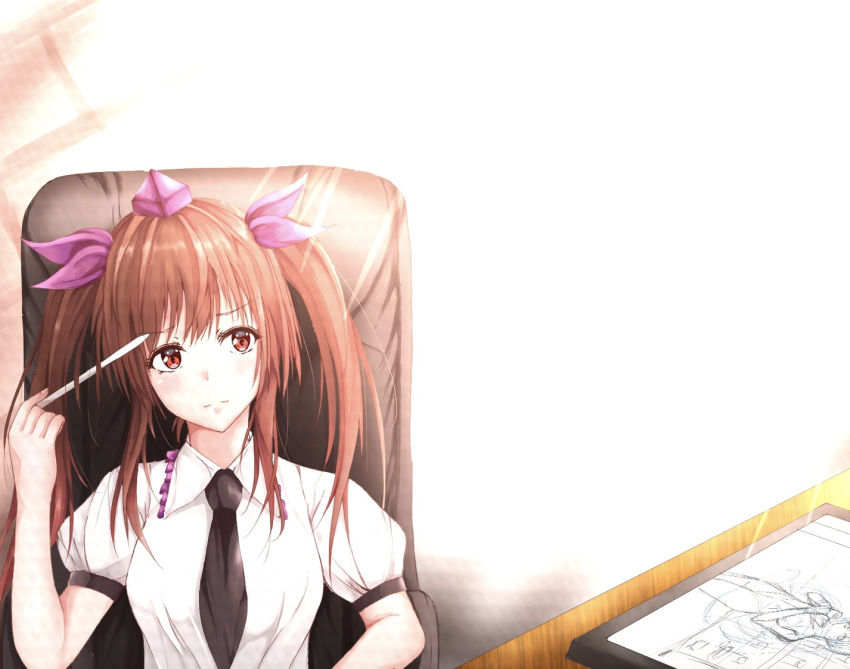 1girl arm_rest black_neckwear brown_eyes brown_hair chair commentary_request desk elbow_rest frilled_shirt_collar frills frown hair_ribbon hat head_tilt himekaidou_hatate holding_stylus kure:kuroha looking_at_viewer necktie negative_space puffy_short_sleeves puffy_sleeves purple_ribbon ribbon shirt short_sleeves sitting solo stylus tablet_pc tokin_hat touhou two_side_up upper_body white_background white_shirt