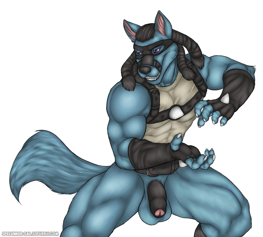 2015 5_fingers abs absurd_res anthro balls belt biceps black_penis blue_fur bottomless clothed clothing fighting_stance fingerless_gloves flaccid fur gloves grin hair harness hi_res humanoid_penis lucario male mask muscular muscular_male nintendo pecs penis pok&eacute;mon pok&eacute;morph purple_eyes simple_background solo spelunker_sal spikes thick_thighs uncut vein veiny_penis video_games