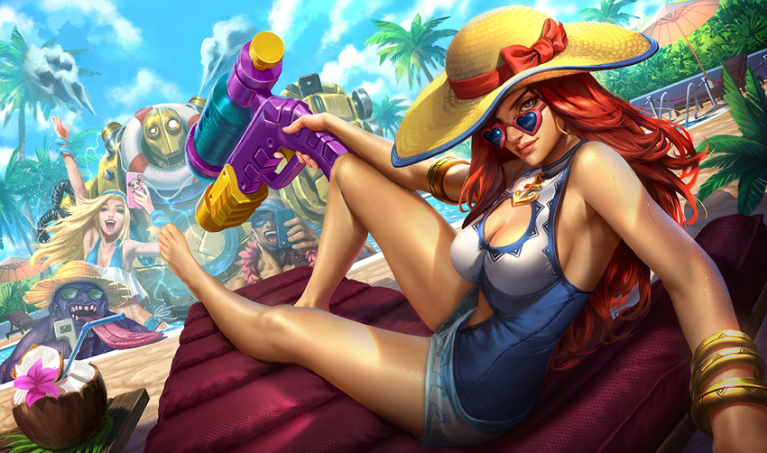 2girls armlet barefoot blitzcrank blonde_hair blue_eyes bracelet breasts cellphone cleavage cleavage_cutout curly_hair dr._mundo feather_boa grey_eyes hairband hat heart heart-shaped_eyewear jewelry large_breasts league_of_legends lee_sin lifebuoy long_hair long_tongue looking_at_viewer looking_back luxanna_crownguard multiple_boys multiple_girls official_art one-piece_swimsuit palm_tree phone pool pool_party_miss_fortune purple_skin red_hair robot sarah_fortune sitting smartphone straw_hat sun_hat super_soaker swimsuit tongue tongue_out tree water_gun