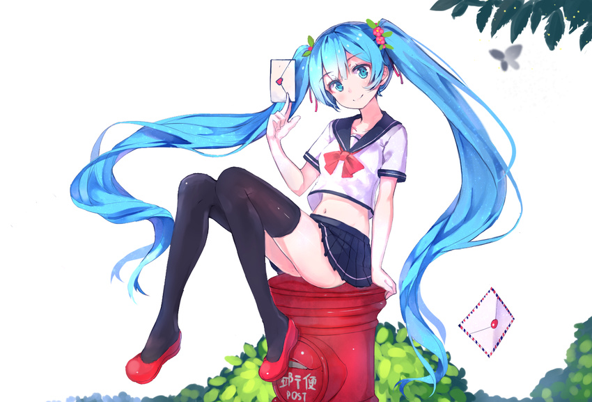 aqua_eyes blue_hair crop_top envelope flower hair_flower hair_ornament hatsune_miku japanese_cylindrical_postbox japanese_postal_mark long_hair looking_at_viewer md5_mismatch microskirt midriff n2co navel postbox_(outgoing_mail) red_footwear school_uniform shoes sitting skirt solo thighhighs twintails very_long_hair vocaloid