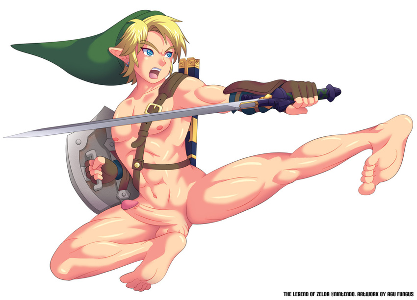 abs action_pose agu-fungus armpits balls belt blonde_hair blue_eyes erection hair humanoid hylian link male melee_weapon muscular nintendo nude shield simple_background sword the_legend_of_zelda video_games weapon xplotter