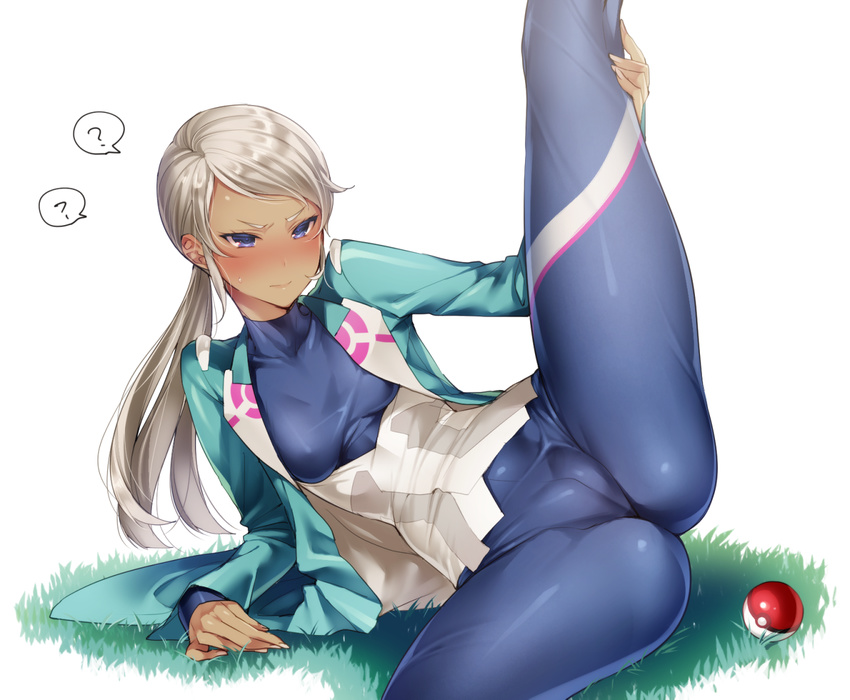 ? arm_support blanche_(pokemon) blue_eyes blush bodysuit breasts cameltoe closed_mouth collarbone commentary_request covered_nipples dark_skin expressionless fat_mons grass green_jacket hizuki_akira jacket leg_lift long_sleeves low_ponytail lying medium_breasts on_side open_clothes open_jacket plant poke_ball pokemon pokemon_go silver_hair skin_tight solo spoken_question_mark spread_legs stretch