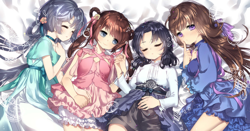 black_hair blue_eyes brown_hair dress earrings finger_to_mouth hair_ornament hair_ribbon hair_rings highres interlocked_fingers jewelry jian_xia_qing_yuan jian_xia_qing_yuan_online_3 long_hair lying multiple_girls nicohi on_side purple_eyes ribbon skirt smile