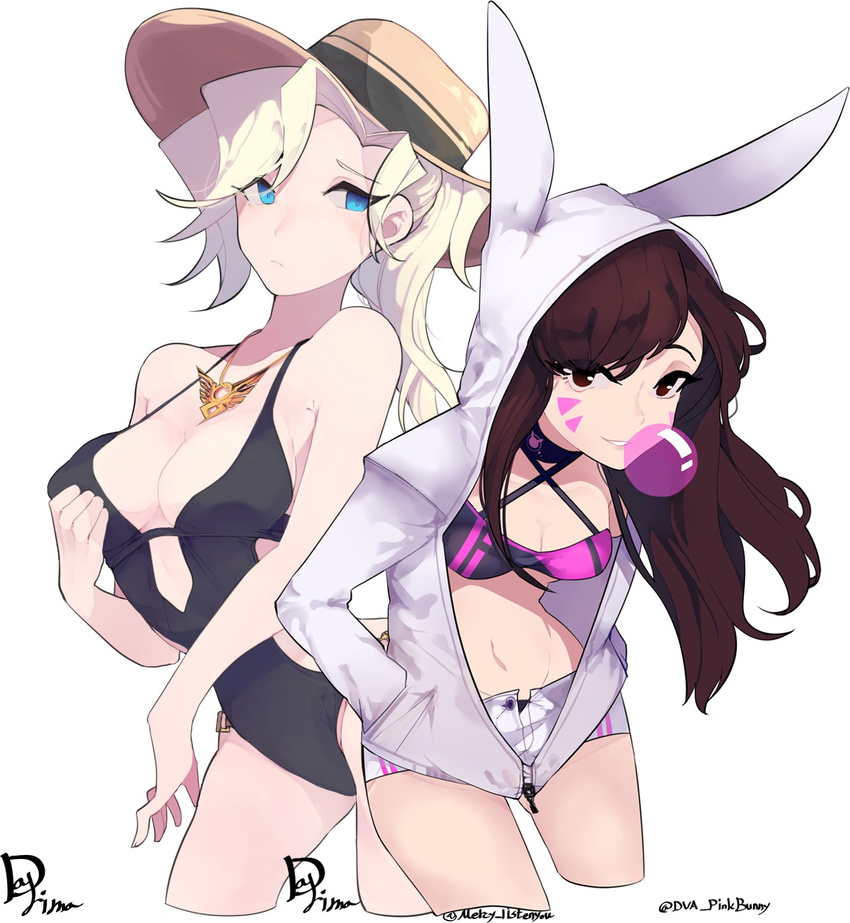 alternate_costume animal_ears animal_hood bangs bare_shoulders bikini black_swimsuit blonde_hair blue_eyes breasts brown_eyes brown_hair bubble_blowing bunny_ears bunny_hood casual_one-piece_swimsuit chewing_gum choker cleavage closed_mouth collarbone cowboy_shot d.va_(overwatch) facepaint facial_mark fake_animal_ears groin hand_on_breast hand_up hands_in_pockets hat highres hood hooded_jacket hoodie jacket jewelry jewelry_removed large_breasts long_hair looking_at_viewer mercy_(overwatch) midriff multiple_girls mwo_imma_hwag navel necklace necklace_removed one-piece_swimsuit open_clothes open_hoodie overwatch protected_link short_shorts shorts simple_background swimsuit twitter_username whisker_markings white_background