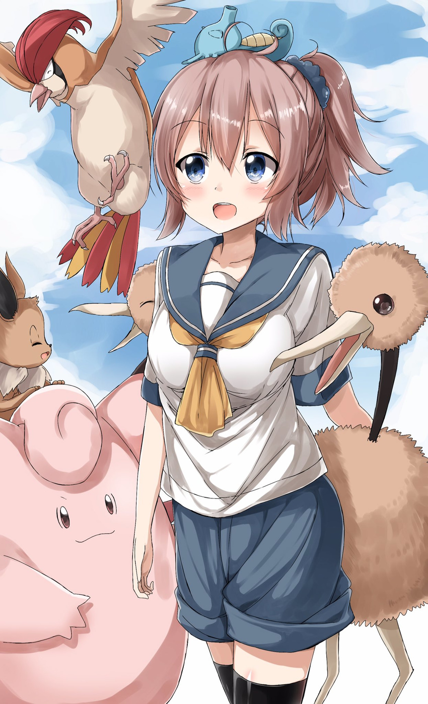 aoba_(kantai_collection) black_legwear blue_eyes blue_scrunchie blue_shorts breasts clefable commentary_request crossover doduo eevee gen_1_pokemon hair_between_eyes highres horsea kantai_collection medium_breasts neckerchief open_mouth pentagon_(railgun_ky1206) pidgeotto pink_hair pokemon pokemon_(creature) pokemon_go ponytail school_uniform scrunchie serafuku shorts