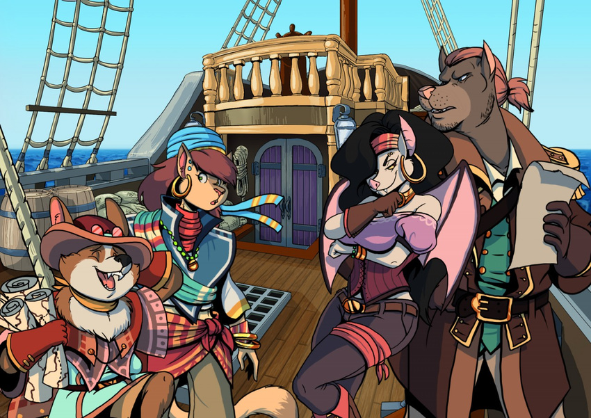 anthro bandanna bat black_hair bracelet breasts brown_hair canine cat clothed clothing corgi darious dog ear_piercing eyes_closed eyewear fangs feline female goggles group hair jewelry leeko male mammal map mila morgana necklace piercing pirate sea ship stubble the_pirate's_fate vehicle volkenfox water wings wolf