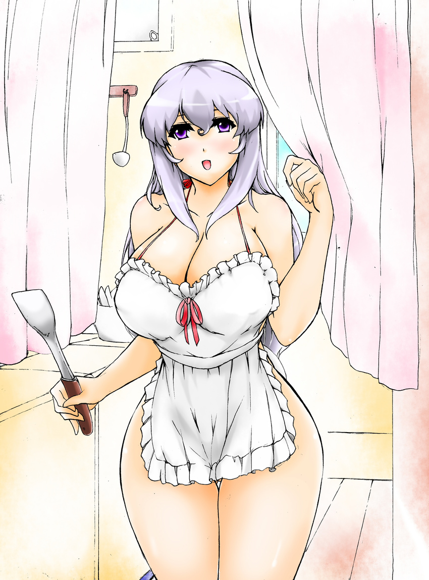 1girl absurdres apron bare_shoulders bolobolo breasts cleavage cooking curvy female huge_breasts kitchen long_hair looking_at_viewer naked_apron open_mouth original purple_eyes silver_hair sketch solo standing thigh_gap thighs