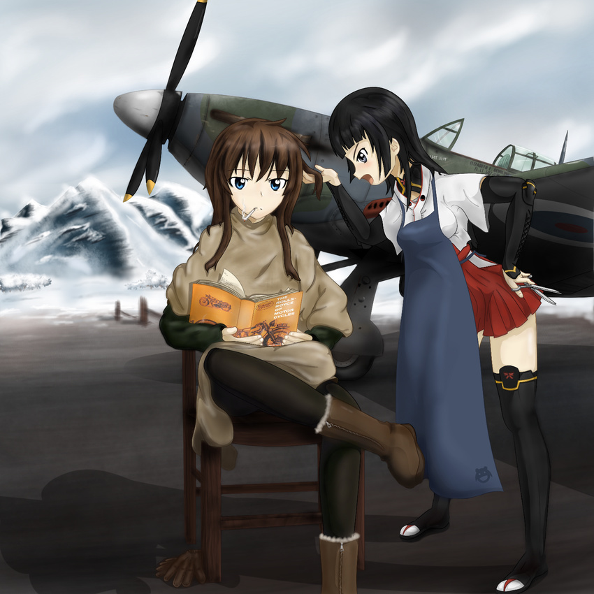 aircraft anabuki_tomoko apron black_hair blue_eyes book boots brown_hair chair cigarette commentary day elizabeth_f_beurling endlessgr8 grey_eyes hand_on_hip highres holding_another's_hair hurricane_(airplane) japanese_clothes multiple_girls open_mouth outdoors pantyhose scissors shadow silhouette_demon sitting smoking snow standing world_witches_series