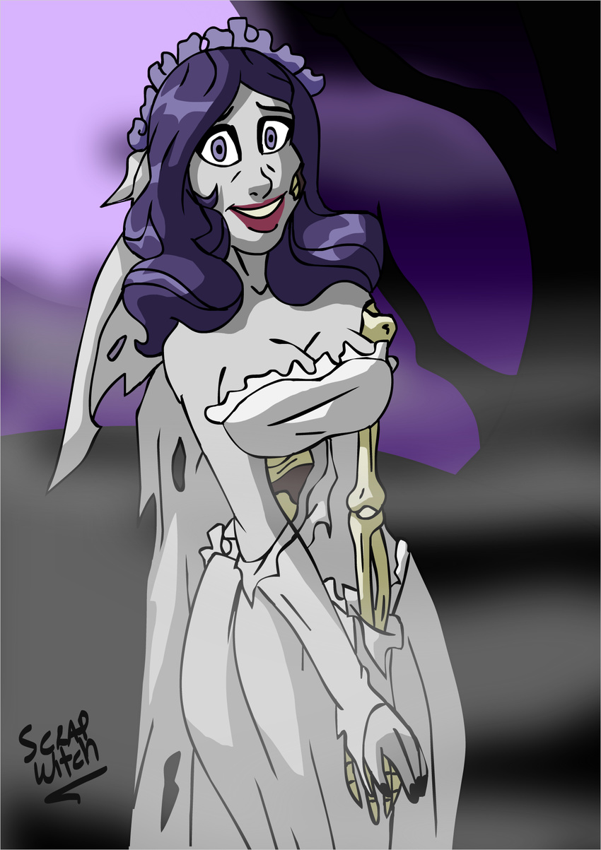 black_nails bone bone_hand bone_showing breasts clothing colored_nails corpse_bride dress emily_(corpse_bride) female hair looking_at_viewer monster_girl night purple_hair ribcage scrap-witch torn_clothing torn_glove tree undead wedding_dress zombie zombie_girl