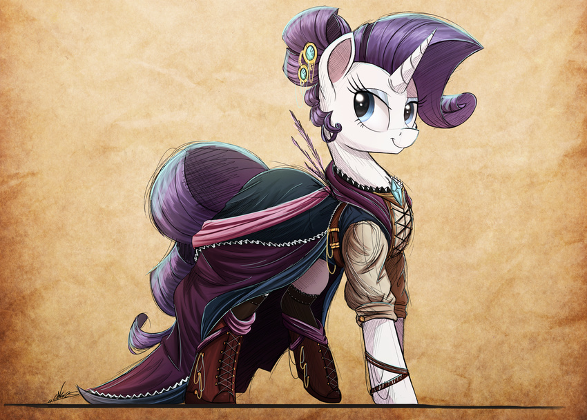 blue_eyes clothed clothing equine eyelashes female feral friendship_is_magic hooves horn mammal my_little_pony ncmares purpe_hair rarity_(mlp) simple_background smile solo standing unicorn