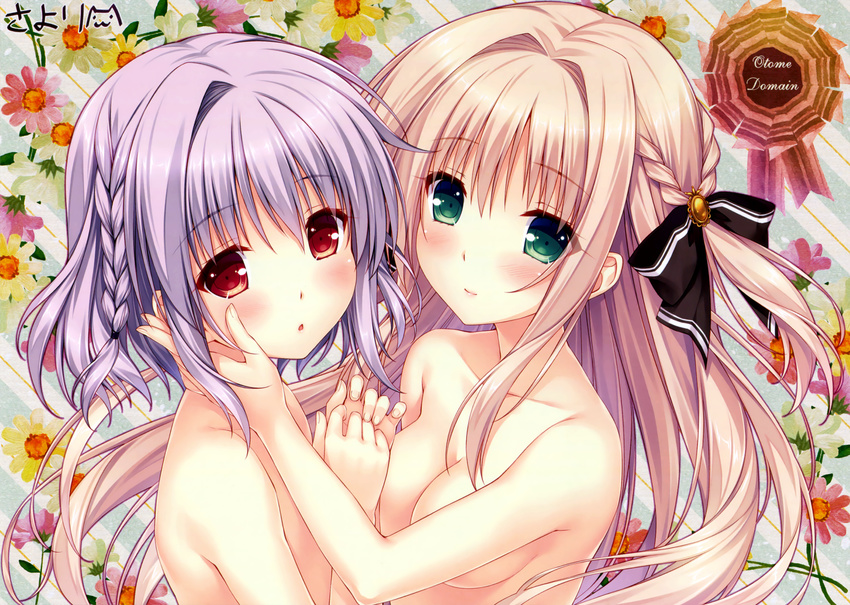 1girl asuka_minato blush braid breasts cropped green_eyes hand_on_another's_cheek hand_on_another's_face hands_together hetero highres lavender_hair light_brown_hair looking_at_viewer medium_breasts nude otoko_no_ko otome_domain parted_lips purple_hair red_eyes saionji_kazari sayori scan side_braid upper_body
