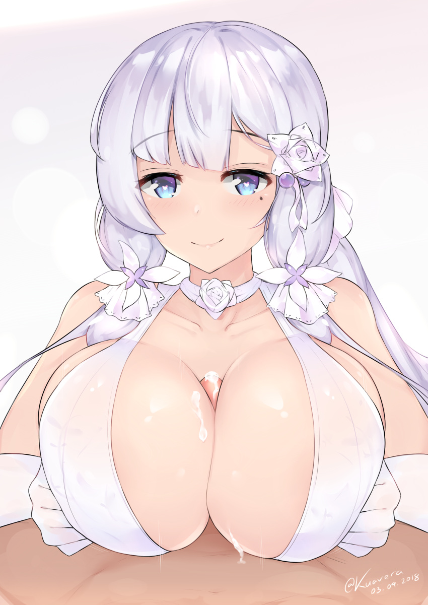 1girl 2018 absurdres after_paizuri azur_lane bangs bare_shoulders blue_eyes blush breast_hold breast_squeeze breasts choker closed_mouth collarbone cum cum_on_body cum_on_breasts cum_on_upper_body dated dress elbow_gloves erect_nipples eyebrows_visible_through_hair gloves hair_ribbon heart heart-shaped_pupils hetero highres huge_breasts illustrious_(azur_lane) kuavera large_breasts lavender_hair long_hair looking_at_viewer low_twintails mole mole_under_eye paid_reward paizuri patreon_reward penis ribbon see-through sidelocks signature smile solo_focus strapless strapless_dress symbol-shaped_pupils tress_ribbon tri_tails twintails twitter_username uncensored white_choker white_dress white_gloves