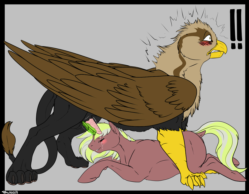 avian backlash91 blush conditional_dnp equine erection female feral friendship_is_magic gryphon horny horse magic male mammal masturbation my_little_pony penis pony simple_background startled