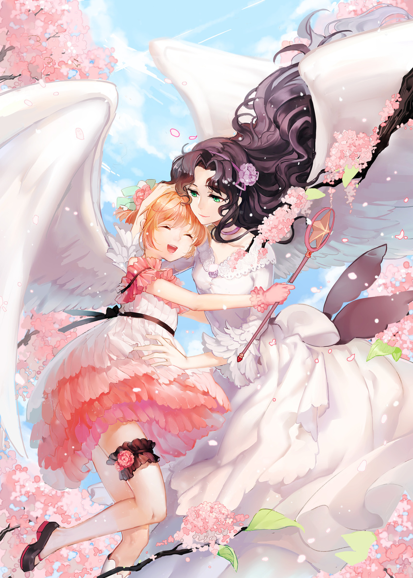 absurdres black_hair brown_hair cardcaptor_sakura cherry_blossoms closed_eyes dress feathered_wings gloves gown green_eyes hairband happy highres hoshi_no_tsue kinomoto_nadeshiko kinomoto_sakura kotoba_(610430468) lace long_hair mother_and_daughter multiple_girls open_mouth petticoat pink_gloves short_hair smile thigh_strap two_side_up very_long_hair wand wavy_hair white_dress white_wings wings