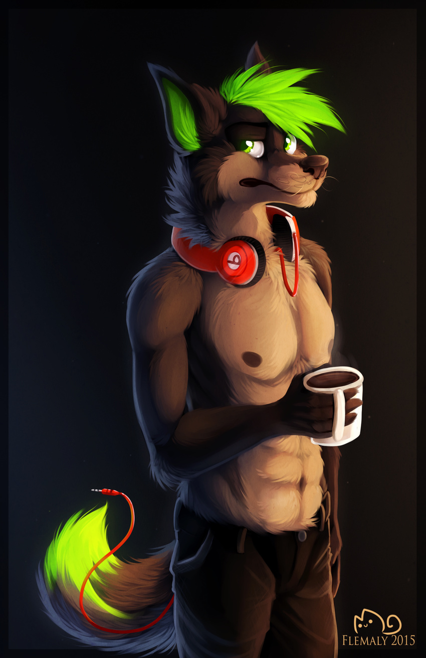 2015 5_fingers abs anthro beverage biceps black_background black_nipples black_nose canine cheek_tuft clothed clothing coffee countershading cup dipstick_tail dog elbow_tufts eyebrows flemaly fur green_eyes green_hair green_tail grey_fur grey_tail hair half-closed_eyes headphones holding_object inner_ear_fluff looking_at_viewer male mammal multicolored_fur multicolored_tail navel neck_tuft nipples pants pecs portrait short_hair signature simple_background solo standing steam three-quarter_portrait topless tuft two_tone_fur two_tone_tail whiskers white_fur yato_(flemaly)