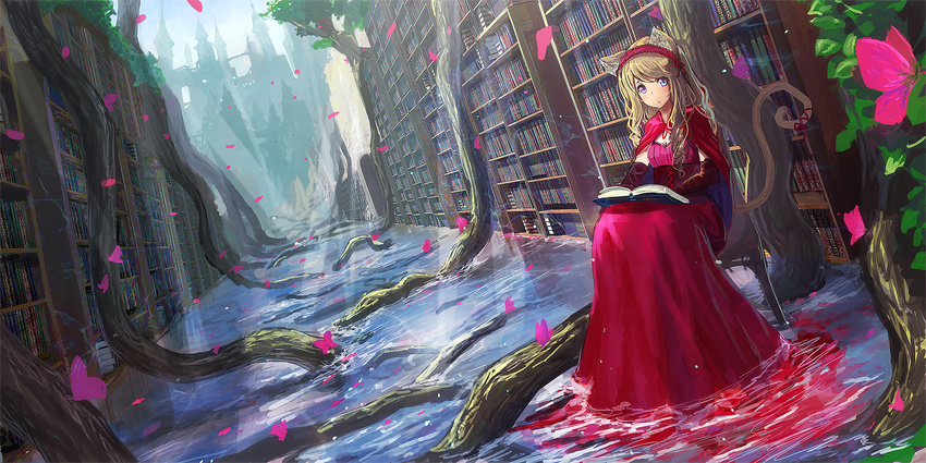 :o animal_ears blue_eyes blurry book bookshelf cat_ears chair depth_of_field dress dutch_angle elbow_gloves fantasy gloves hairband highres library light_brown_hair light_rays long_hair looking_at_viewer oota_youjo original outdoors petals reading red_dress reflection roots scenery shawl sitting sleeveless sleeveless_dress solo tree vanishing_point wading water