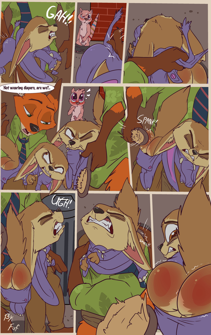 &lt;3 anthro balls blush canine clothed clothing comic digital_media_(artwork) disney fennec finnick fox fuf hi_res lagomorph male mammal mustelid nick_wilde nude otter size_difference spanking text zootopia